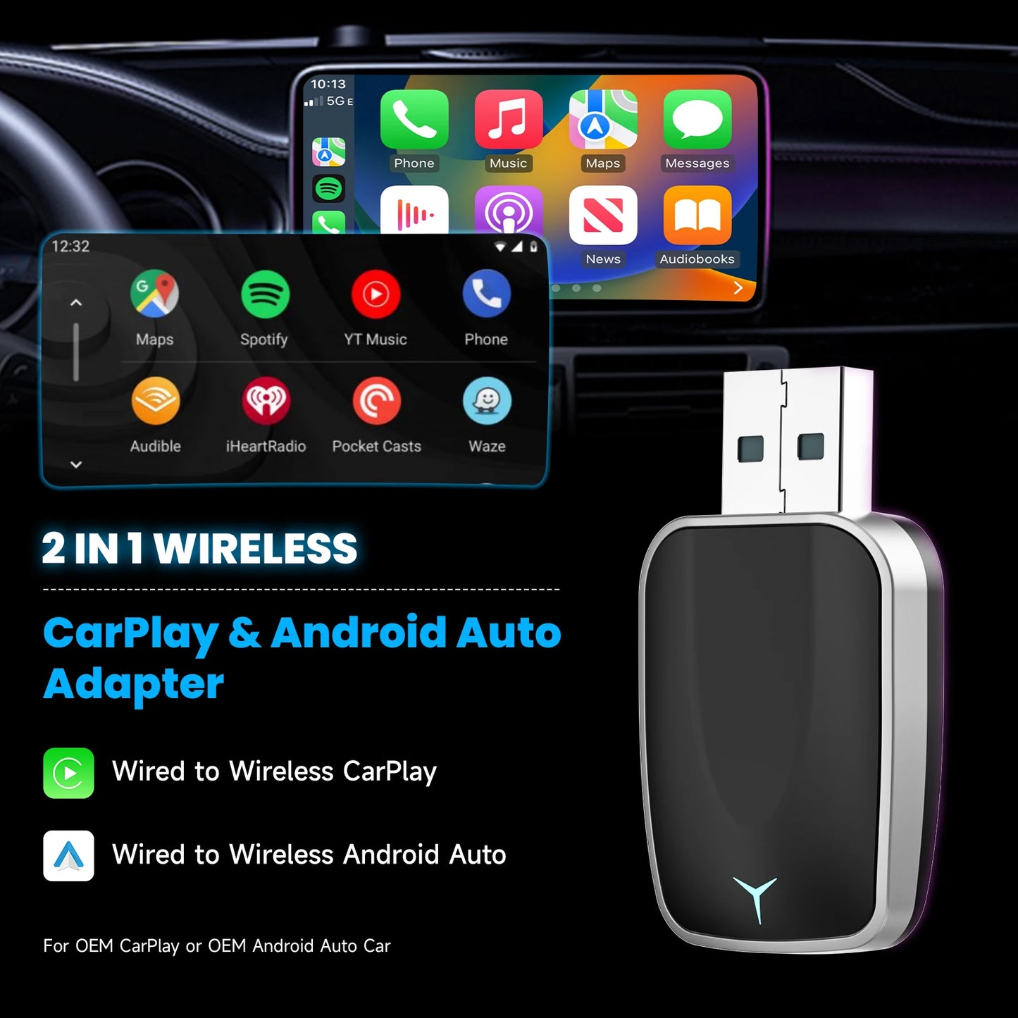 2-In-1 Wired to Wireless Carplay Adapter & Android Auto Wireless Adapter Plug & Play