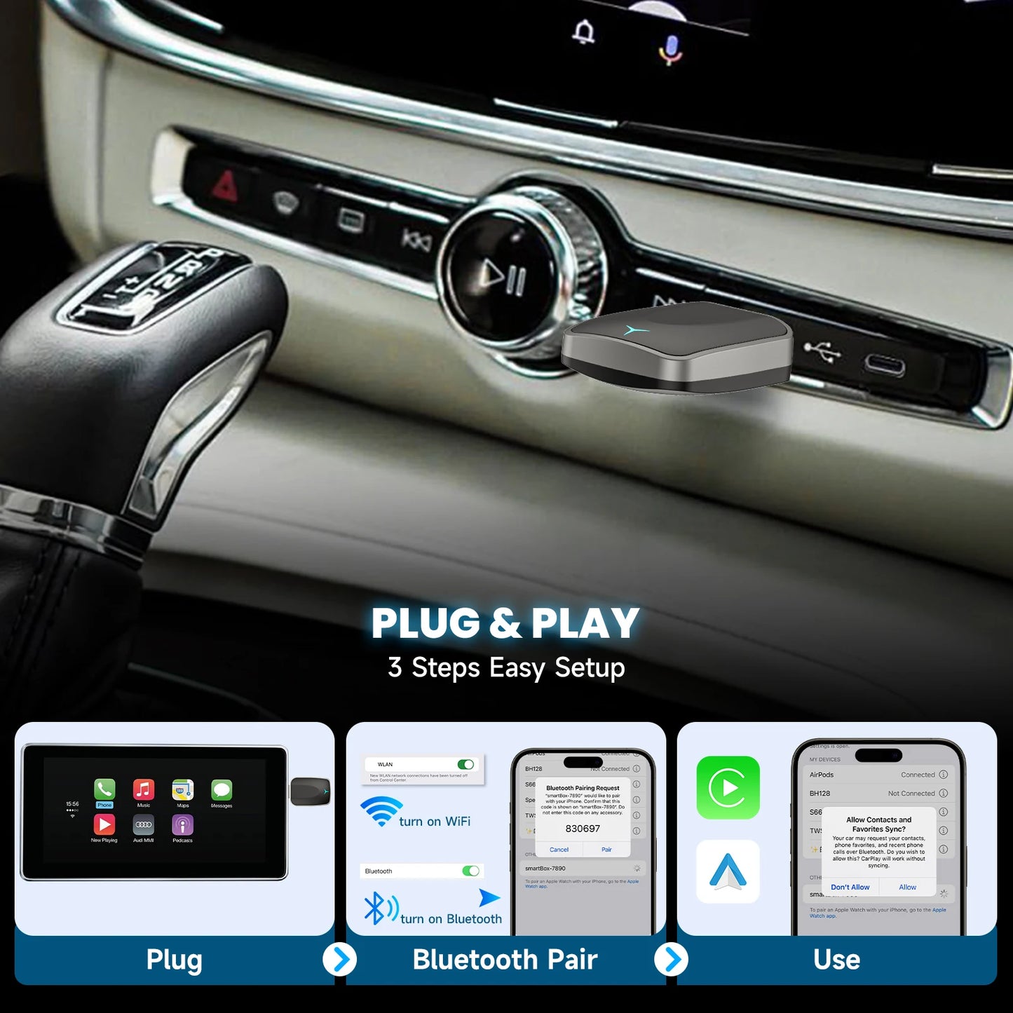 2-In-1 Wired to Wireless Carplay Adapter & Android Auto Wireless Adapter Plug & Play